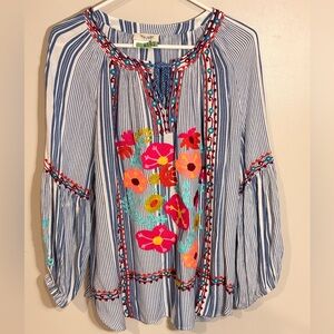 Tru Luxe Jeans Blue Striped Floral Blouse